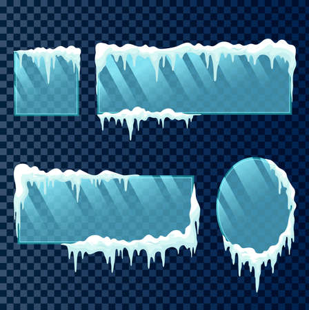 Snow frame glass set. Frozen winter window border with ice and frost isolated on transparent background. Snow ice borderのイラスト素材