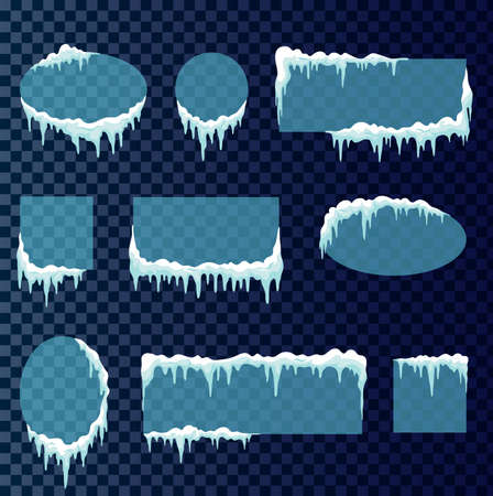 Frozen glass frames with snowflakes. Icy crystals pannels, diamond glass cold frozen framesのイラスト素材