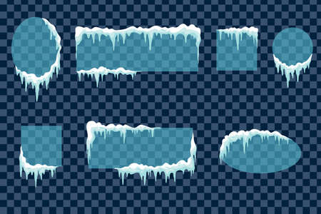 Frozen winter window border with ice and frost isolated. Empty frozen banners. Glass frames with snow caps.のイラスト素材