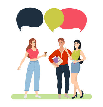 Group Of People With Chat Bubbles Casual Young Men And Women. Discuss social network, news, social networks, chat, dialogue speech bubblesのイラスト素材