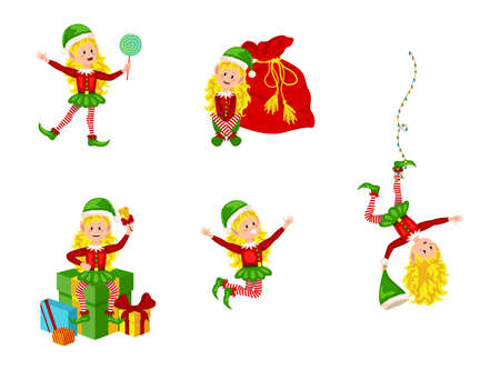 Christmas elfs kids vector children Santa Claus helpers cartoon elfish girls. Girl elves with green costume holding gifts and playing. Vector illustration EPS10のイラスト素材