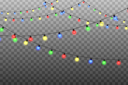 Garlands, Christmas decorations lights effects. Vector red, yellow, blue and green glow light bulbs on wire strings isolated.のイラスト素材