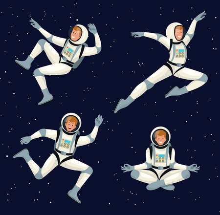 Vector set of cartoon flat spacemans, cosmonauts in spacesuit with helmet. Set astronauts dancing men.のイラスト素材