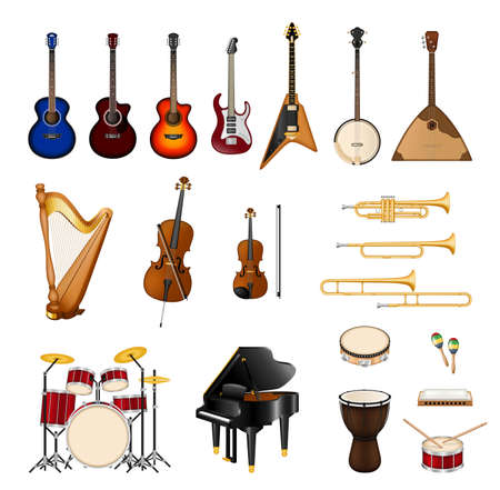 Musical instruments pealistic. Different types of musical instruments illustrationのイラスト素材