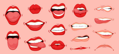 Cartoon cute mouth expressions facial gestures set. Females mouth to express different emotional...