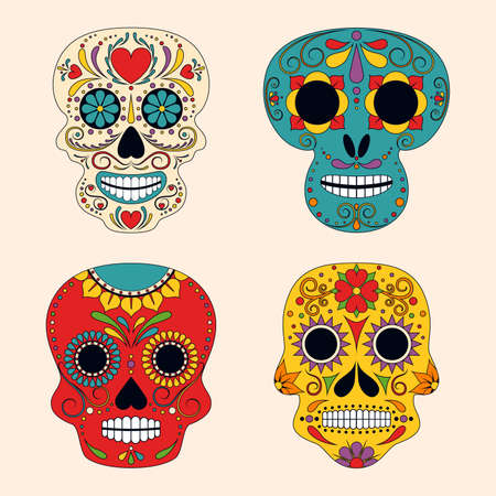 Mexican traditional religious holiday or Day of Dead. Day of the Dead or Mexico Halloween sculls collection. Decoration with sambrero and flowers.のイラスト素材