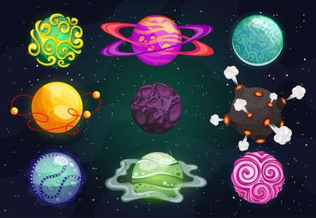 Colorful cartoon planets flat icon kit. Cosmic world, alien space design elements. Earth, satellite...