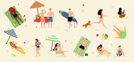Sea swimming. Men and women swimming, diving, surfing, lying on floating air mattress and...