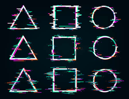 Distorted glitch frames. Glitched circle, square and triangle frames. Distortion digital glitch video interference crash frame.のイラスト素材