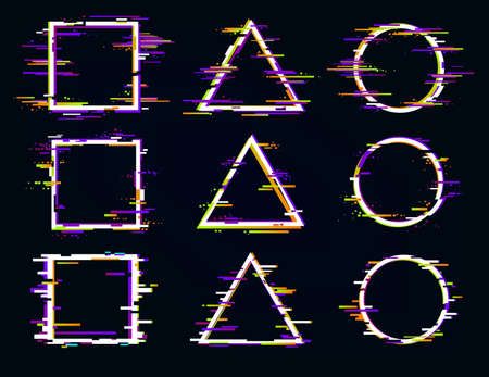 Distorted glitch frame. Glitched circle, square and triangle frames. Distorted empty frames with empty space and glitch effect. Vector abstract banner template.のイラスト素材