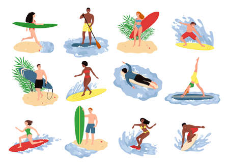 Set of people performing summer sports and leisure outdoor activities at beach. Men and women swimming, diving, surfing.のイラスト素材