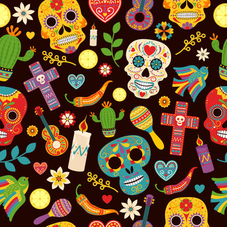 Dia de los muertos seamless vector pattern. Mexican traditional religious holiday or Day of Dead. Decoration with skeletons and flowers.のイラスト素材
