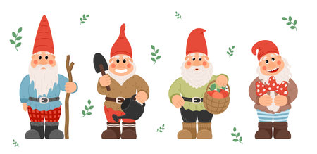 Collection of garden gnomes or dwarfs holding lantern, banner, mushroom, watering can. fairy tale gnomes with lanterns and garden tools in hats colorful cartoon vector setのイラスト素材