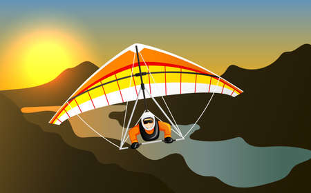 Man having fun on hang gliding extreme sport. Cheerful hang gliding tandem flying in skyのイラスト素材