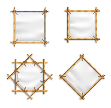 Blank White Canvas In Bamboo Frames Set Vector. Wood stick banners of various shapes. Japanese rustic bamboo signのイラスト素材
