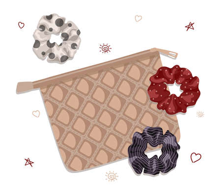 Scrunchies with bag in cartoon style. Perfect for hairdress salon, kids shop, beauty and fashion store.のイラスト素材