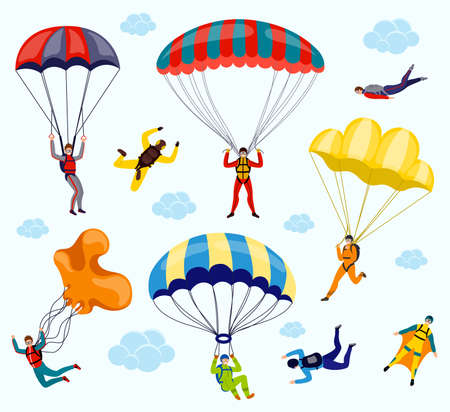 Collection of parachutists and skydivers isolated on white background. Flat vector set of professional skydivers. Extreme sportのイラスト素材