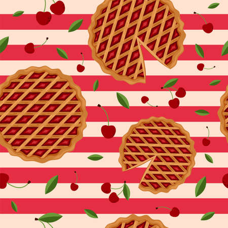 Seamless pattern with cherry pies and cherries.のイラスト素材