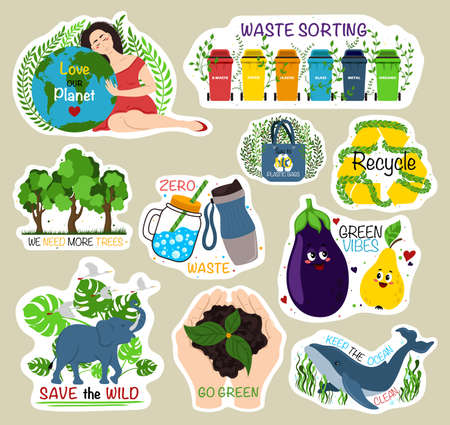 Ecological stickers. Collection of ecology stickers with slogans - love our planet, waste sorting, we need more, recycle, zero waste, green vibes, go green, keep the ocean. Vector illustration EPS10のイラスト素材