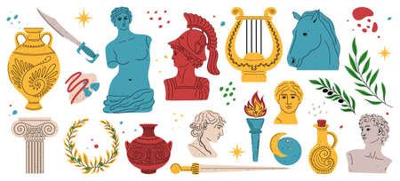 Modern style Antique greek sculpture set. Heads of woman, knight, horse. Branch, amphora, hand. Mythical ancient greek styleのイラスト素材