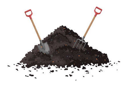 Hayfork and shovel in a pile of ground. One big brown heap of organic compost in side view isolatedのイラスト素材