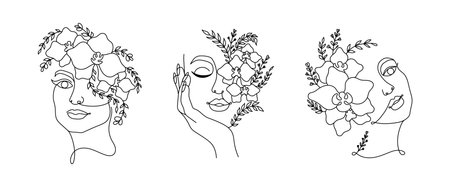 Line art women faces with flowers. Continuous line art in minimalistic style for prints, tattoos, posters, textile, cards etc.のイラスト素材