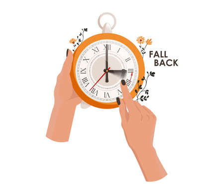 Daylight saving time concept. The clocks moves forward one hour to daylight-saving time. Fall back. Hands move the clock handのイラスト素材