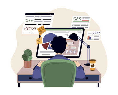 Programmer working on web development on computer. Design and Development illustration. Concept of...