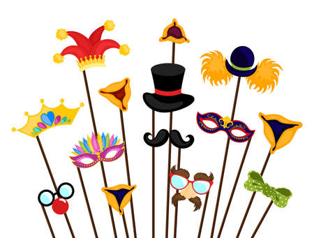 Design for Jewish holiday Purim with masks. Happy Purim Jewish festival, carnival, Purim props icons. Vector illustrationのイラスト素材