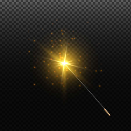 Magic wand with golden swirl and sparkles isolated on transparent background. Magic wand with magical sparkle glitter trail.のイラスト素材