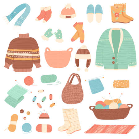 Winter knit clothes. Knitting hobby, wool cloth cardigan sweater. Bundle of knitted winter clothes and outerwear isolated on light backgroundのイラスト素材