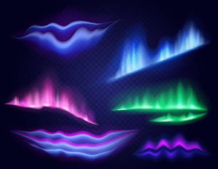 Bright colorful aurora borealis abstract set on dark transparent background realistic. Abstract...