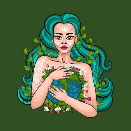 Mother earth day poster with planet, nature and beauty woman. Mother earth day character illustration.のイラスト素材