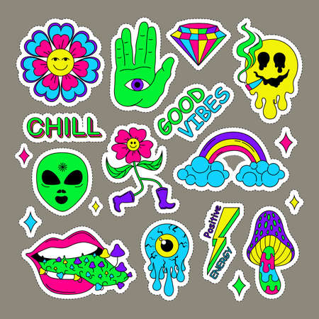 Neon cartoon psychedelic hippy stickers with mushrooms and eyes. Surreal heart, flower, skull emoji symbols vector illustration set. Neon hallucination charactersのイラスト素材