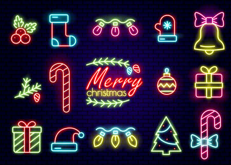 Christmas neon icons set. Happy Christmas collection light signs. Neon luminous symbols for New Year and Christmas projects greetings cards, posters, banners, flyers.の写真素材