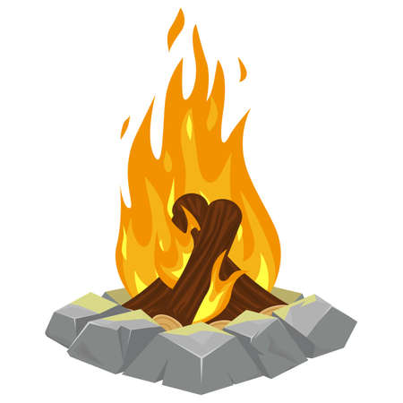 Campfire Isolated. Cartoon vector illustration isolated symbols set. Burning fire on wood, outdoor camping campfireのイラスト素材