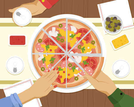 People having dinner together and sharing a huge pizza with drinks, hands top view. Friends dinner with pizza.のイラスト素材