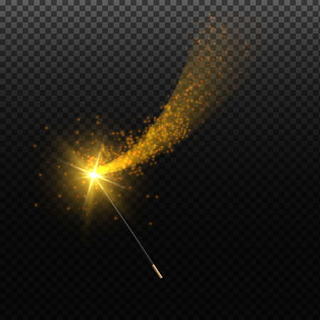 Magic wand with gold glowing sparkle trail, shiny star dust and light effect. Wizard magic wand.のイラスト素材
