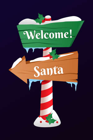 Holiday Signs. Cute of North Pole signs or Christmas. Winter holiday xmas symbol, cartoon banner.のイラスト素材