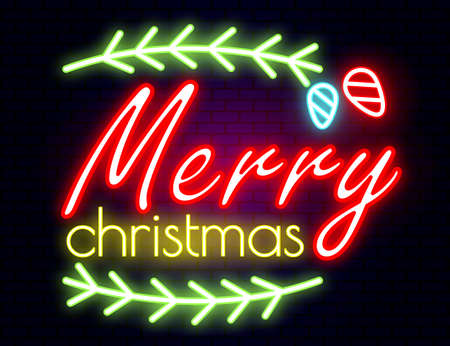 Merry christmas neon icon. Neon luminous symbol for New Year and Christmas projects greetings cards, posters, banners, flyers. Neon signboards, vibrant advertising.のイラスト素材