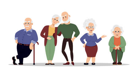 Elderly people and social workers. Grandparents and nurses on a white background. Old age. Flat style vector illustration isolated on white backgroundのイラスト素材
