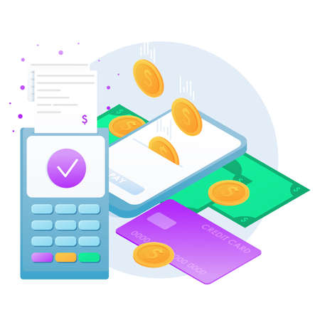 Mobile payment via credit card concept. Mobile payment, business finance pay, transaction onlineのイラスト素材