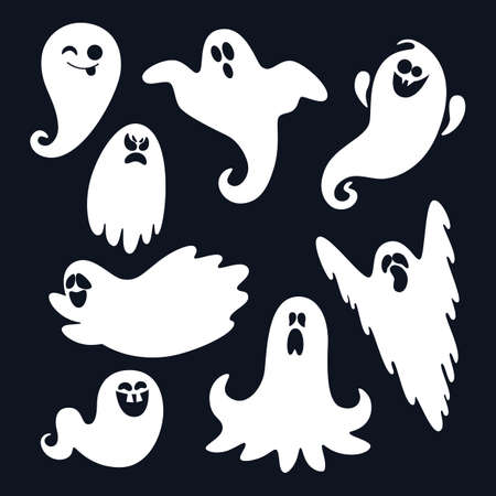 Ghostly monster with Boo scary face. Spooky ghost flat vector icon set. Cute Halloween cartoon ghosts. Flat vector icon set.のイラスト素材