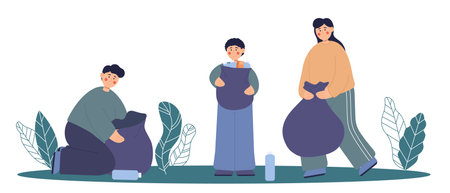 People and garbage. Cleaning city, man woman with bags for waste. Vector illustration EPS10のイラスト素材