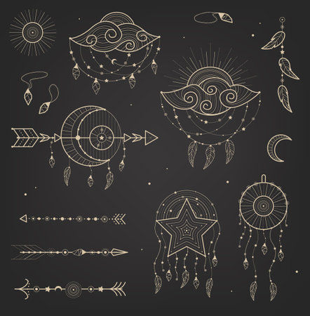 Witch magic symbols. Doodle esoteric, boho mystical hand drawn elements. Magic and witchcraft, witch esoteric alchemy.のイラスト素材