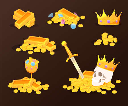 Set Treasure, gold, coins, jewels, crown, sword. Isolated vector illustration on white background. Casino and Game cartoon 3d money icons.のイラスト素材