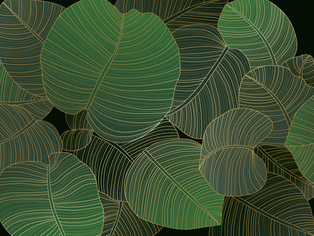 Luxury gold and nature green background vector. Floral pattern, Golden Tropical plant with line art style design for wall arts, greeting card, wallpaper and print.のイラスト素材