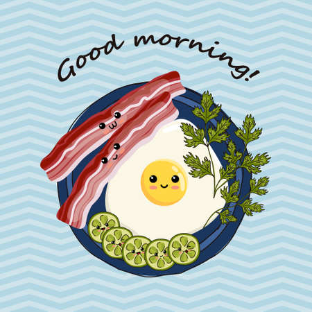 Good Morning banner with cute text, sun and fried egg, bacon and cucumbers. Vector.のイラスト素材