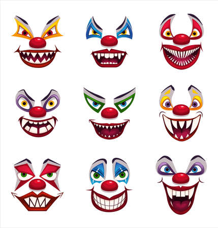 Crazy clowns faces on white background. Fantastic scary clown. Isolated on white. Scary vector.のイラスト素材