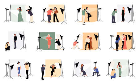 Collection of male and female photographers working at photographic studio. Stylish models outdoor photoset isolated design elements on white background.のイラスト素材